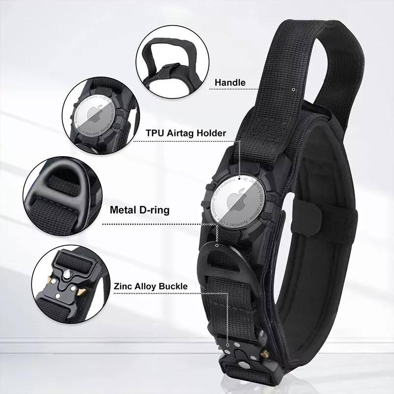 airtag dog collar, tactical dog collar, waterproof dog collar, dog collar with handle, dog collar with airtag holder, military dog collar