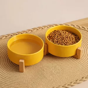 Gamelle pour animaux 2-en-1 en céramique avec support en bois