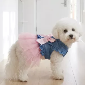 Robe de fête mignonne à nœud avec jupe tutu en tulle pour chiens